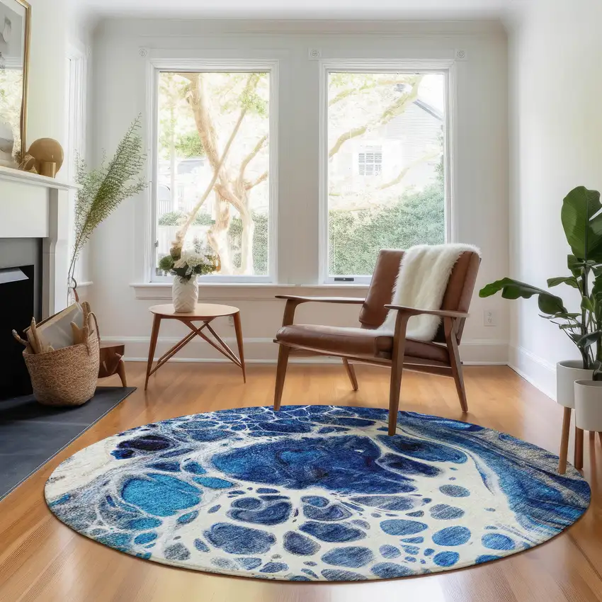 8' Navy Blue Ivory And Gray Abstract Washable Round Rug With UV Protection Photo 5