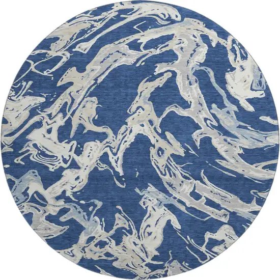 8' Navy Blue Ivory And Gray Abstract Washable Round Rug With UV Protection Photo 1