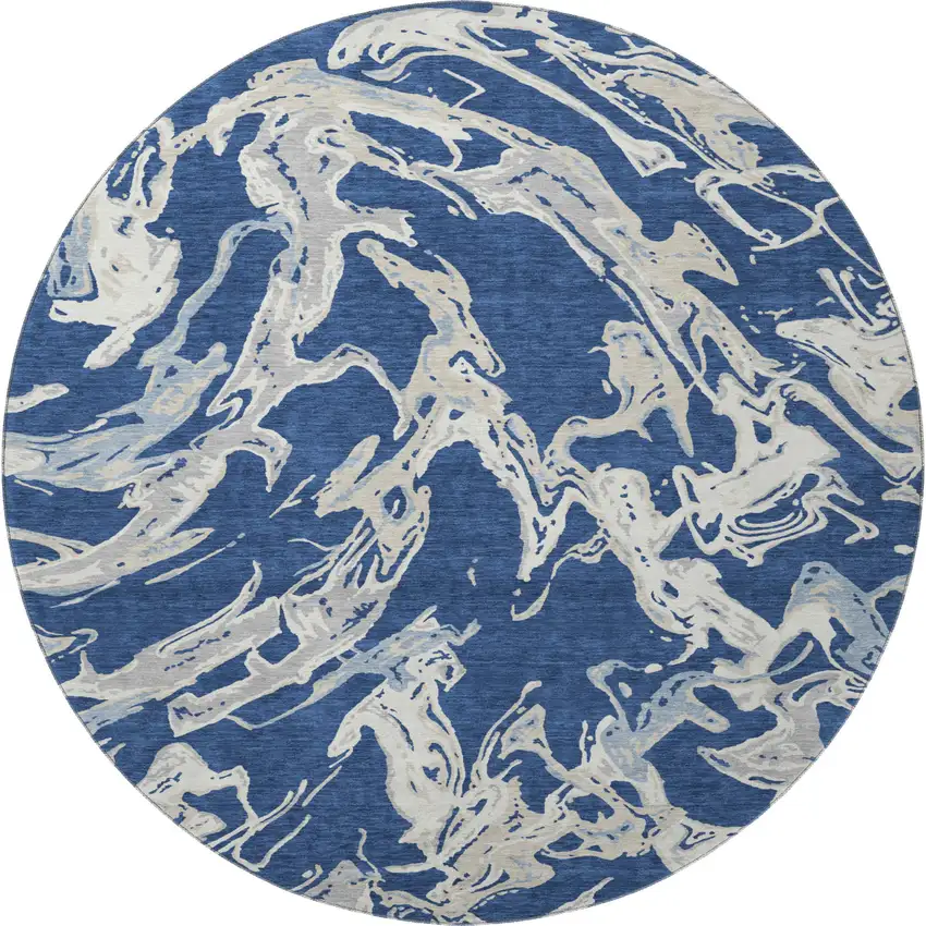 8' Navy Blue Ivory And Gray Abstract Washable Round Rug With UV Protection Photo 2