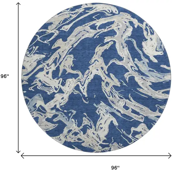 8' Navy Blue Ivory And Gray Abstract Washable Round Rug With UV Protection Photo 8