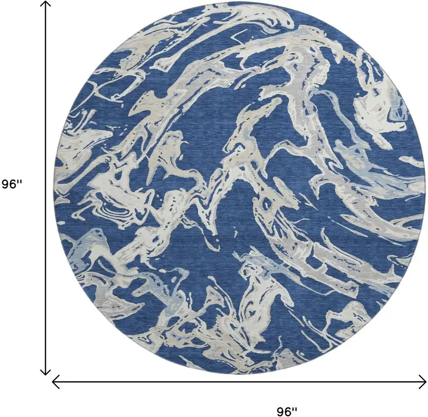 8' Navy Blue Ivory And Gray Abstract Washable Round Rug With UV Protection Photo 8