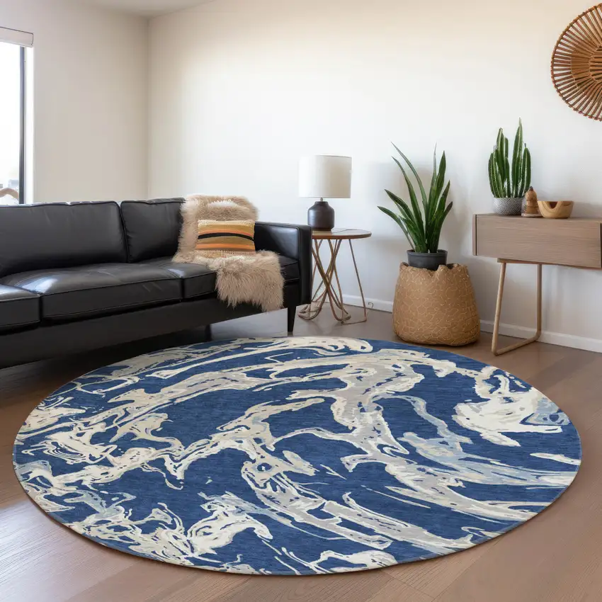 8' Navy Blue Ivory And Gray Abstract Washable Round Rug With UV Protection Photo 3
