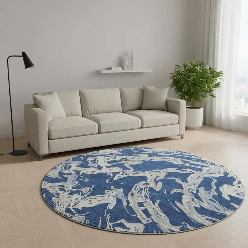 8' Navy Blue Ivory And Gray Abstract Washable Round Rug With UV Protection Photo 2