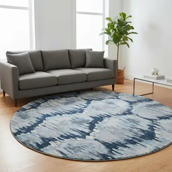 8' Navy Blue Ivory And Gray Diamond Washable Round Rug With UV Protection Photo 2