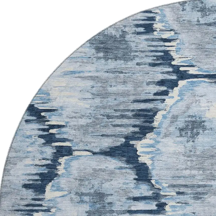8' Navy Blue Ivory And Gray Diamond Washable Round Rug With UV Protection Photo 4