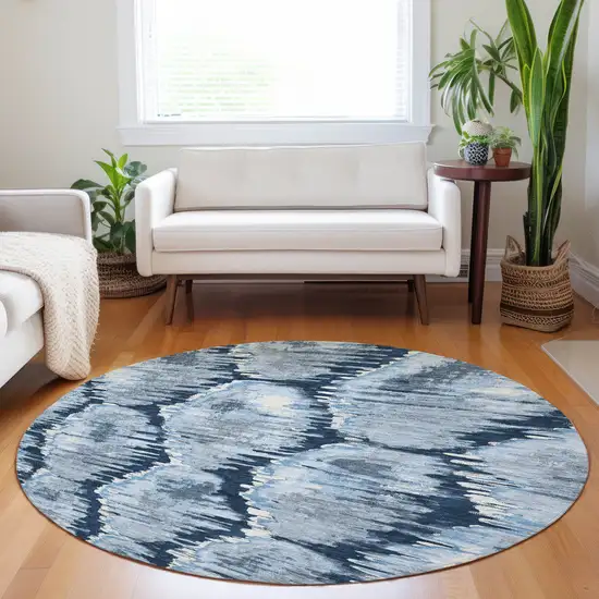8' Navy Blue Ivory And Gray Diamond Washable Round Rug With UV Protection Photo 5