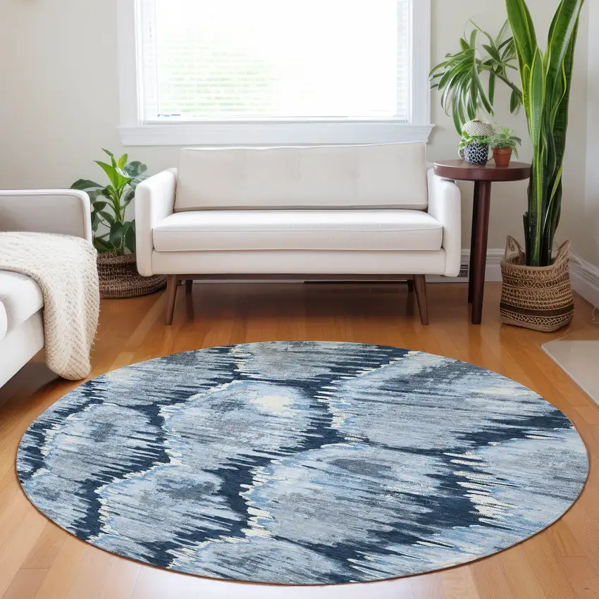 8' Navy Blue Ivory And Gray Diamond Washable Round Rug With UV Protection Photo 5