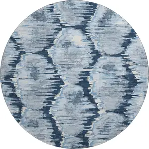Photo of 8' Navy Blue Ivory And Gray Diamond Washable Round Rug With UV Protection