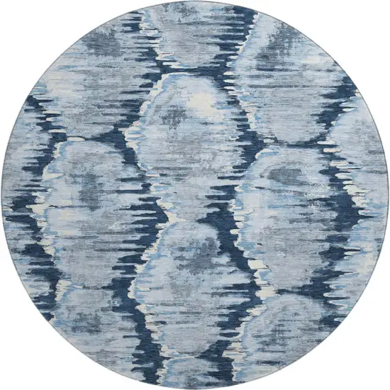 8' Navy Blue Ivory And Gray Diamond Washable Round Rug With UV Protection Photo 1