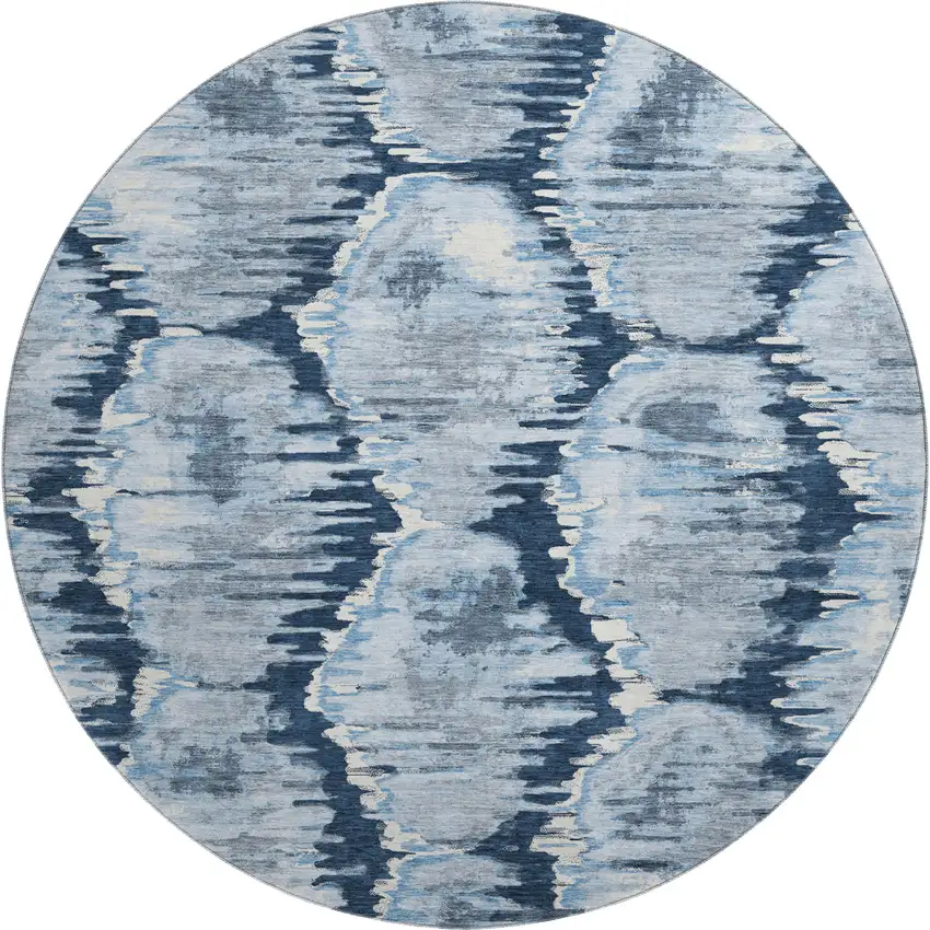 8' Navy Blue Ivory And Gray Diamond Washable Round Rug With UV Protection Photo 1