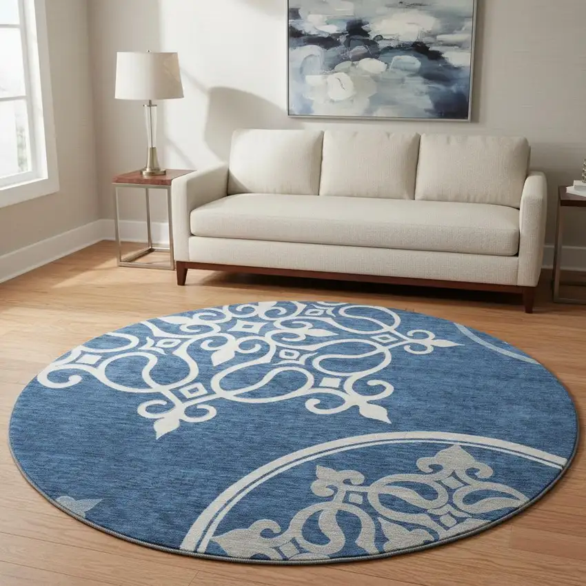 8' Navy Blue Ivory And Gray Floral Medallion Washable Round Rug With UV Protection Photo 2
