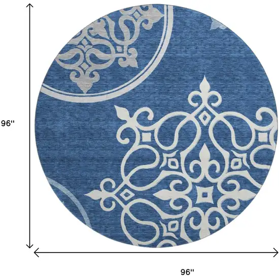 8' Navy Blue Ivory And Gray Floral Medallion Washable Round Rug With UV Protection Photo 8