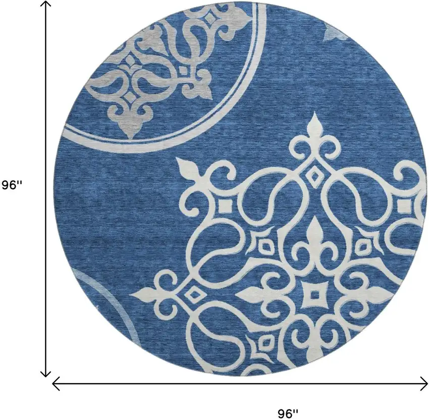 8' Navy Blue Ivory And Gray Floral Medallion Washable Round Rug With UV Protection Photo 8