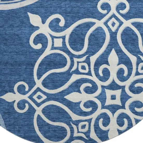 8' Navy Blue Ivory And Gray Floral Medallion Washable Round Rug With UV Protection Photo 4