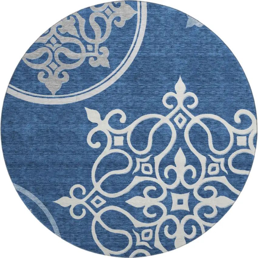 8' Navy Blue Ivory And Gray Floral Medallion Washable Round Rug With UV Protection Photo 1