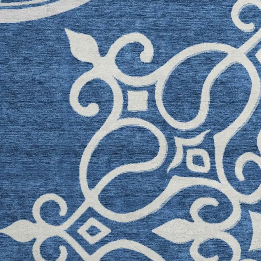 8' Navy Blue Ivory And Gray Floral Medallion Washable Round Rug With UV Protection Photo 3