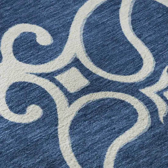 8' Navy Blue Ivory And Gray Floral Medallion Washable Round Rug With UV Protection Photo 9