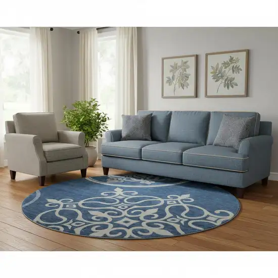 8' Navy Blue Ivory And Gray Floral Medallion Washable Round Rug With UV Protection Photo 1