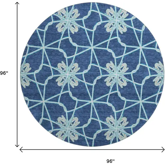 8' Navy Blue Ivory And Gray Geometric Washable Round Rug With UV Protection Photo 9