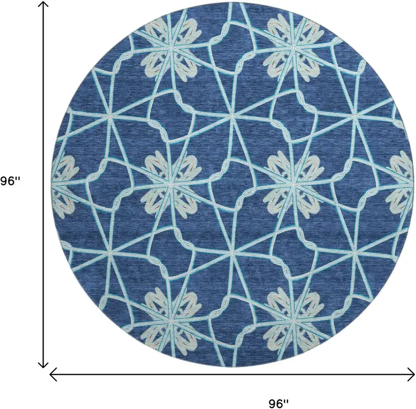8' Navy Blue Ivory And Gray Geometric Washable Round Rug With UV Protection Photo 9