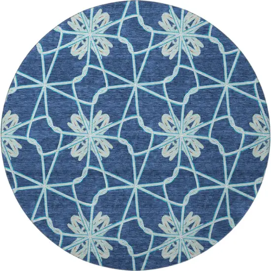 8' Navy Blue Ivory And Gray Geometric Washable Round Rug With UV Protection Photo 3