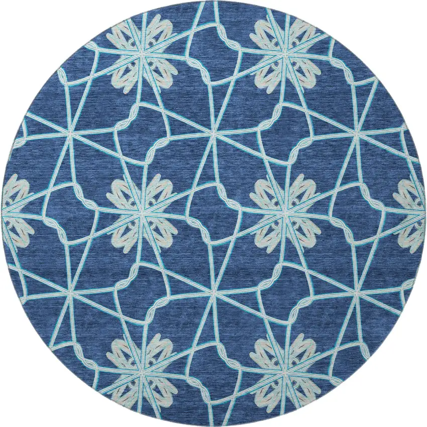 8' Navy Blue Ivory And Gray Geometric Washable Round Rug With UV Protection Photo 3