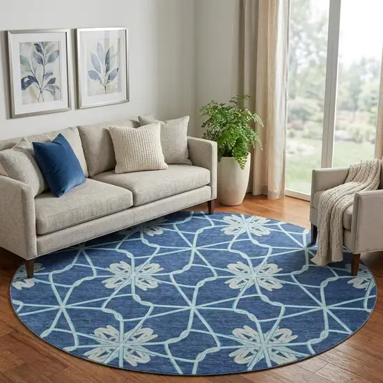 8' Navy Blue Ivory And Gray Geometric Washable Round Rug With UV Protection Photo 1