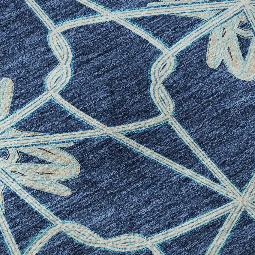 8' Navy Blue Ivory And Gray Geometric Washable Round Rug With UV Protection Photo 8