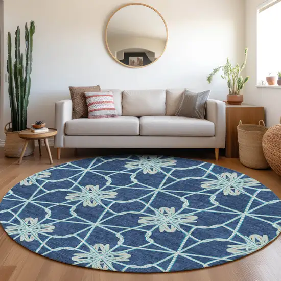 8' Navy Blue Ivory And Gray Geometric Washable Round Rug With UV Protection Photo 4