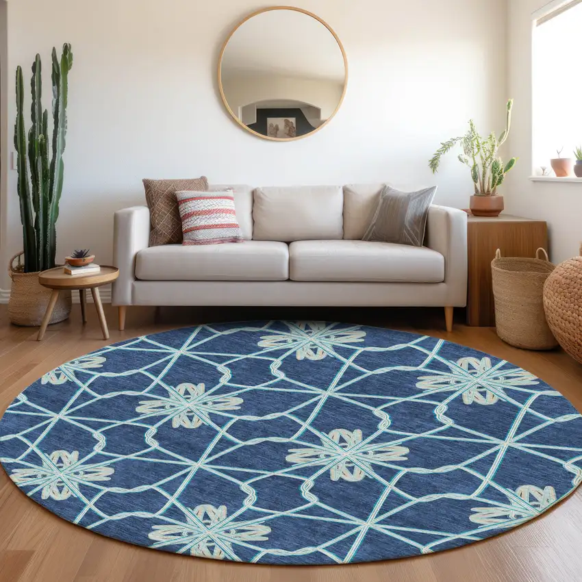 8' Navy Blue Ivory And Gray Geometric Washable Round Rug With UV Protection Photo 4