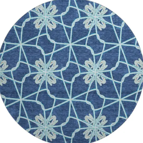 8' Navy Blue Ivory And Gray Geometric Washable Round Rug With UV Protection Photo 2