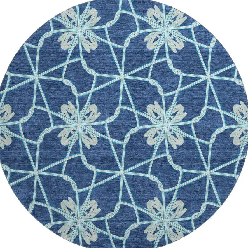 8' Navy Blue Ivory And Gray Geometric Washable Round Rug With UV Protection Photo 2