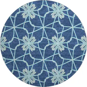 Photo of 8' Navy Blue Ivory And Gray Geometric Washable Round Rug With UV Protection