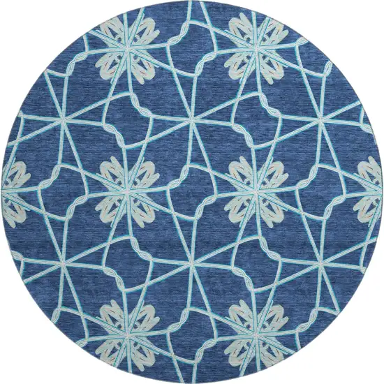 8' Navy Blue Ivory And Gray Geometric Washable Round Rug With UV Protection Photo 1