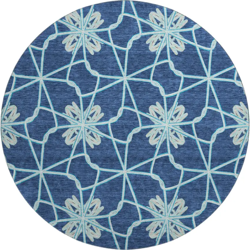 8' Navy Blue Ivory And Gray Geometric Washable Round Rug With UV Protection Photo 1