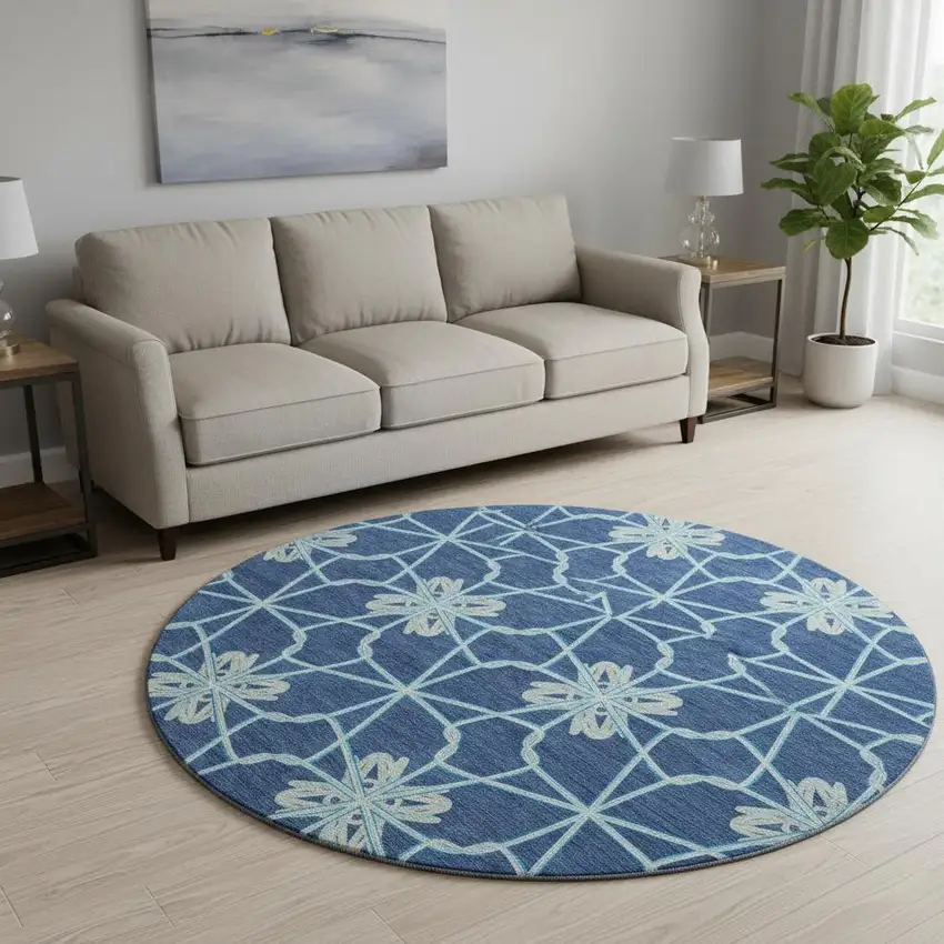 8' Navy Blue Ivory And Gray Geometric Washable Round Rug With UV Protection Photo 2