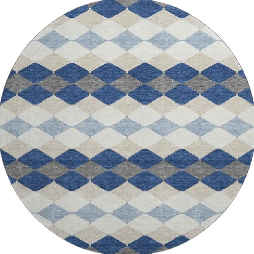 8' Navy Blue Ivory And Gray Geometric Washable Round Rug With UV Protection Photo 3