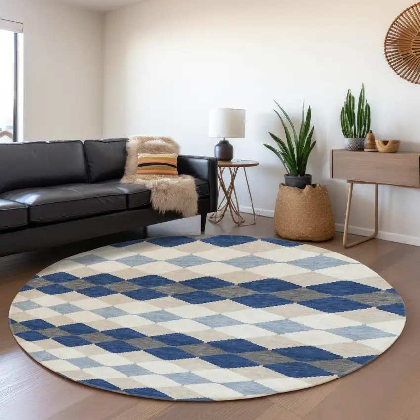 8' Navy Blue Ivory And Gray Geometric Washable Round Rug With UV Protection Photo 4