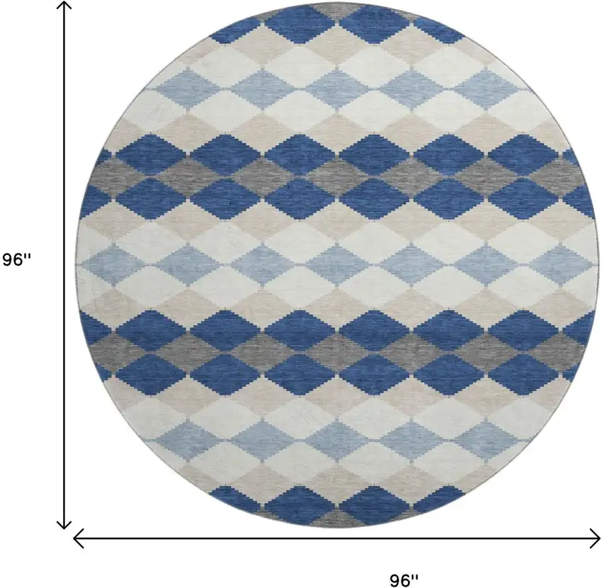 8' Navy Blue Ivory And Gray Geometric Washable Round Rug With UV Protection Photo 9