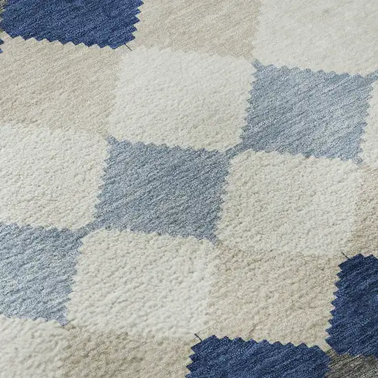 8' Navy Blue Ivory And Gray Geometric Washable Round Rug With UV Protection Photo 8