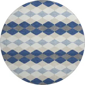 Photo of 8' Navy Blue Ivory And Gray Geometric Washable Round Rug With UV Protection