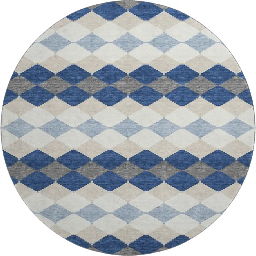 8' Navy Blue Ivory And Gray Geometric Washable Round Rug With UV Protection Photo 1