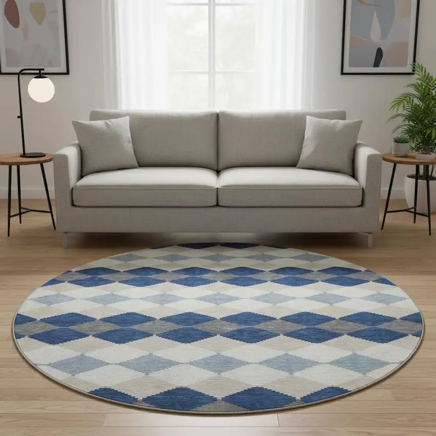 8' Navy Blue Ivory And Gray Geometric Washable Round Rug With UV Protection Photo 2