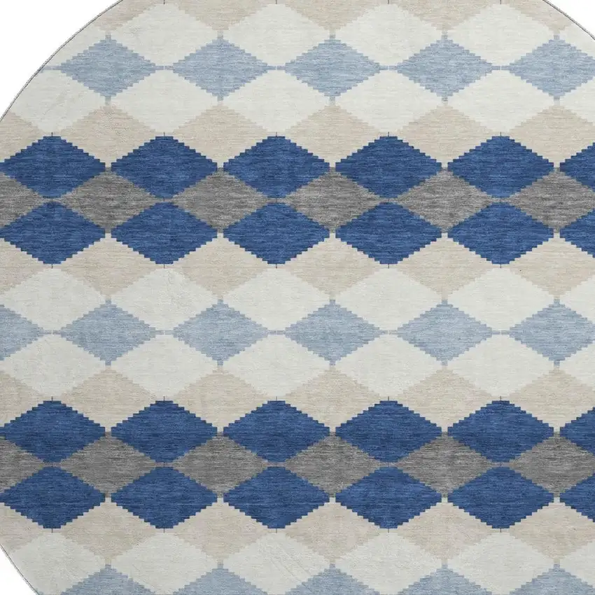 8' Navy Blue Ivory And Gray Geometric Washable Round Rug With UV Protection Photo 2