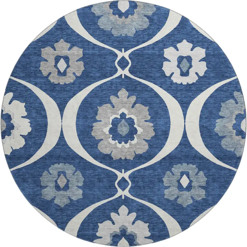 8' Navy Blue Ivory And Gray Medallion Washable Round Rug With UV Protection Photo 1