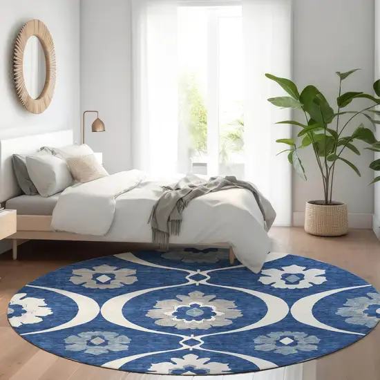 8' Navy Blue Ivory And Gray Medallion Washable Round Rug With UV Protection Photo 5