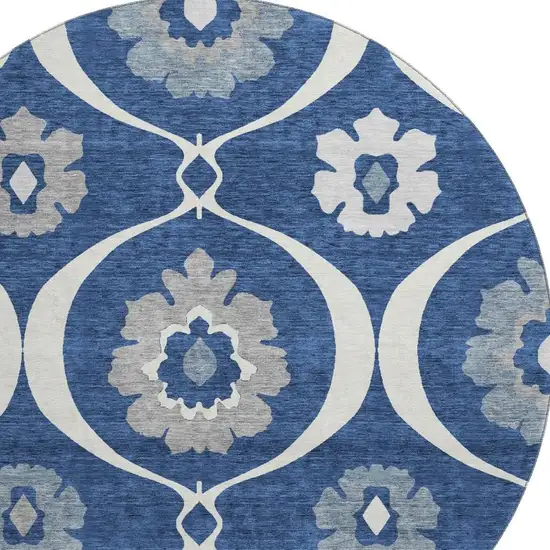 8' Navy Blue Ivory And Gray Medallion Washable Round Rug With UV Protection Photo 4