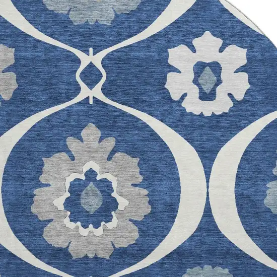 8' Navy Blue Ivory And Gray Medallion Washable Round Rug With UV Protection Photo 3