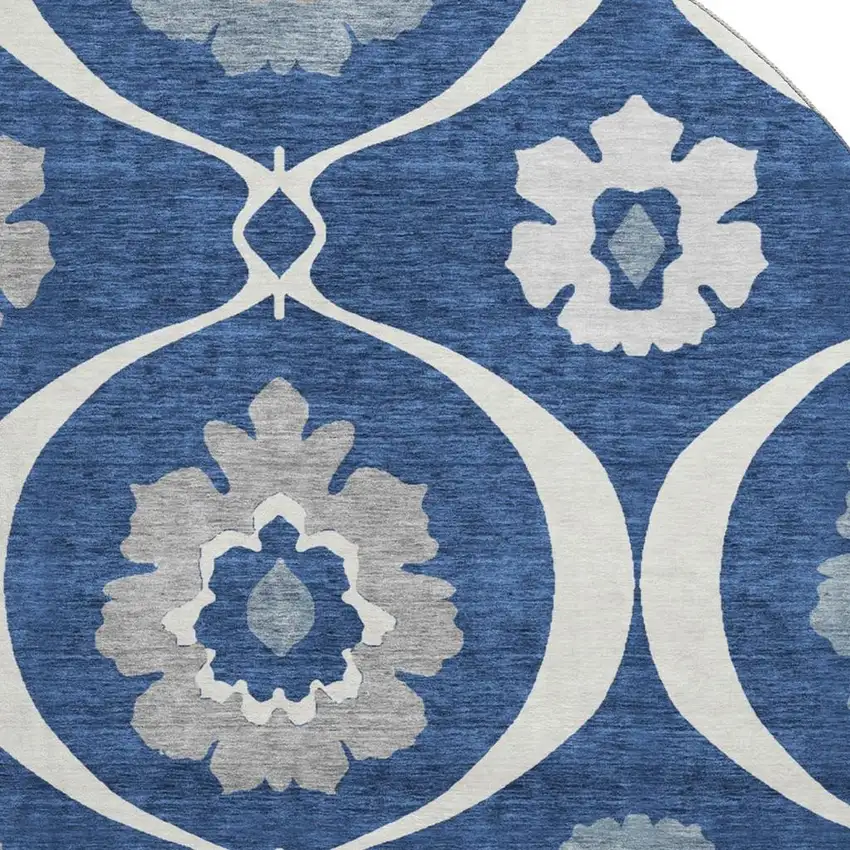 8' Navy Blue Ivory And Gray Medallion Washable Round Rug With UV Protection Photo 3