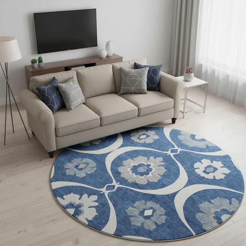 8' Navy Blue Ivory And Gray Medallion Washable Round Rug With UV Protection Photo 2